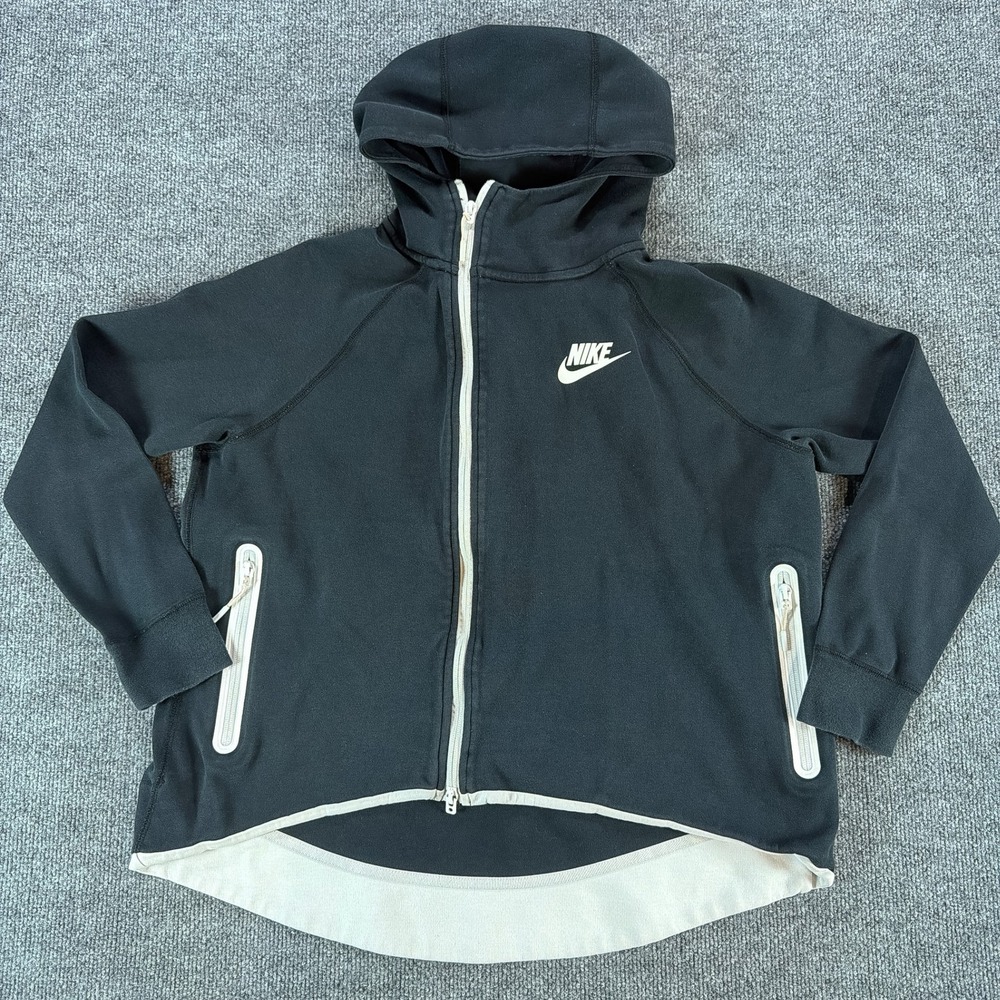 Nike Tech Fleece Full Zip Hoodie Womens Large Black Sail High Low Hem Asymmetric